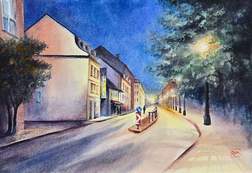 Prague Night Street Watercolor