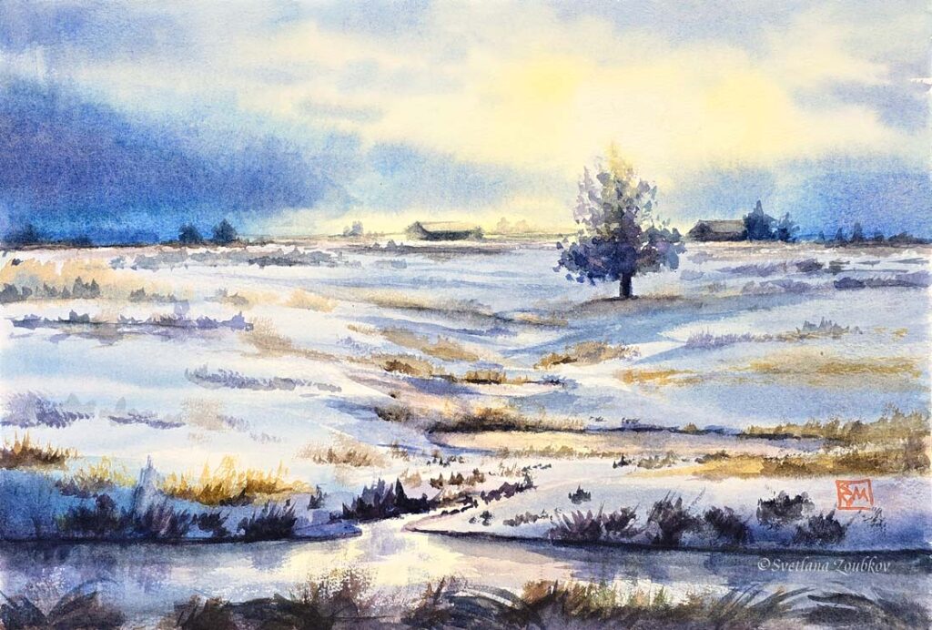 Winter afternoon. Oregon. Watercolor on paper.