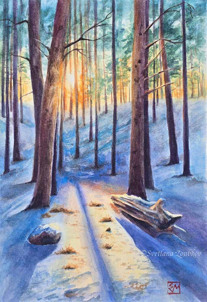 Winter forest. Afternoon. Watercolor by Svetlana Zoubkov