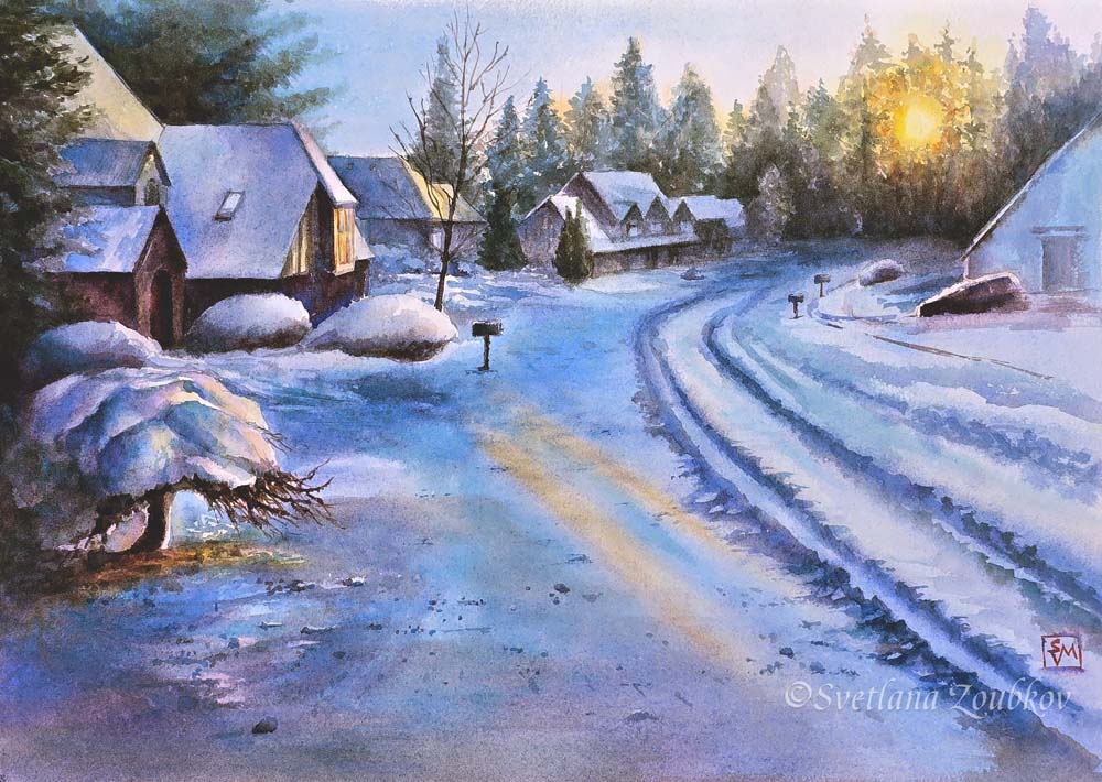 Winter Sunset. Vancouver Street. Watercolor on paper.